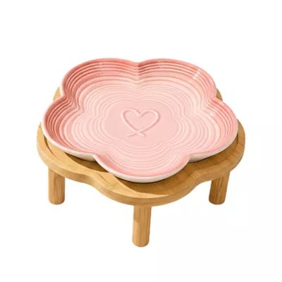 PawsPik Cat Flower Ceramic Feeding Plate with Raised Bamboo Stand - Image 1