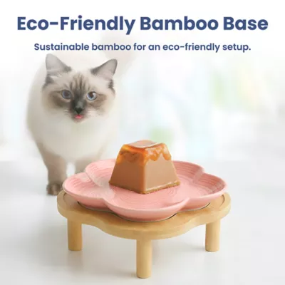 PawsPik Cat Flower Ceramic Feeding Plate with Raised Bamboo Stand - Image 4