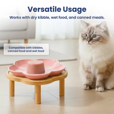 PawsPik Cat Flower Ceramic Feeding Plate with Raised Bamboo Stand - Image 6