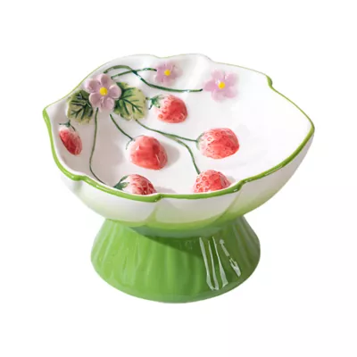 PawsPik Cat Strawberry Blooms Elevated Ceramic Slow Feed Bowl - Image 1