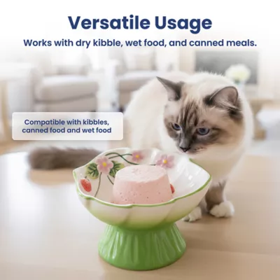 PawsPik Cat Strawberry Blooms Elevated Ceramic Slow Feed Bowl - Image 5