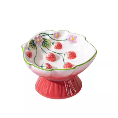 PawsPik Cat Strawberry Blooms Elevated Ceramic Slow Feed Bowl - Image 1