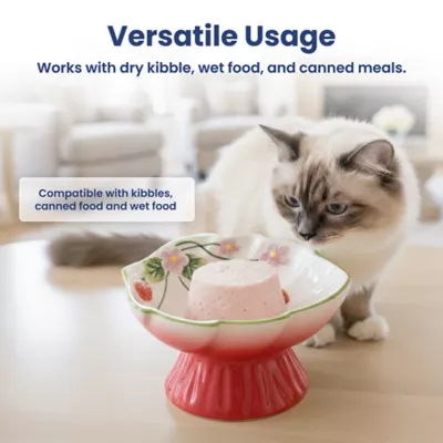 PawsPik Cat Strawberry Blooms Elevated Ceramic Slow Feed Bowl - Image 5