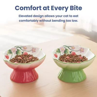 PawsPik Cat Strawberry Blooms Elevated Ceramic Slow Feed Bowl - Image 7