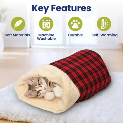 PawsPik Cat Self Warming Cave Bed - Red Flannel - Image 2