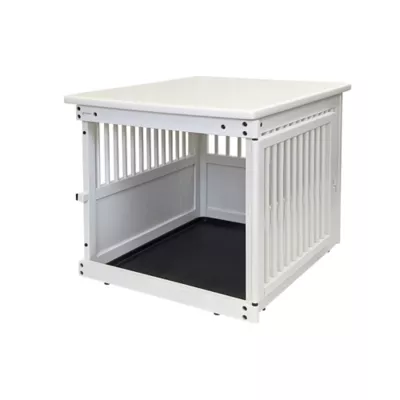 Richell Wooden End Table Dog Crate, Furniture-Style Pet Enclosure W/ Removable Sliding Tray, White - Image 2