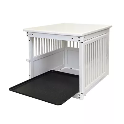 Richell Wooden End Table Dog Crate, Furniture-Style Pet Enclosure W/ Removable Sliding Tray, White - Image 3