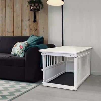 Richell Wooden End Table Dog Crate, Furniture-Style Pet Enclosure W/ Removable Sliding Tray, White - Image 4