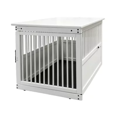 Richell Wooden End Table Dog Crate, Furniture-Style Pet Enclosure W/ Removable Sliding Tray, White - Image 1