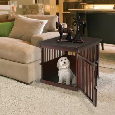 Richell Wooden End Table Dog Crate, Furniture-Style Pet Enclosure W/ Removable Sliding Tray, Brown - Image 5