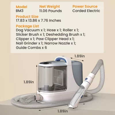 Oneisall 7-in-1 Dog Grooming Vaccum Kit W/ 1300PA Suction Power & 3 Liter Capacity, White - Image 2