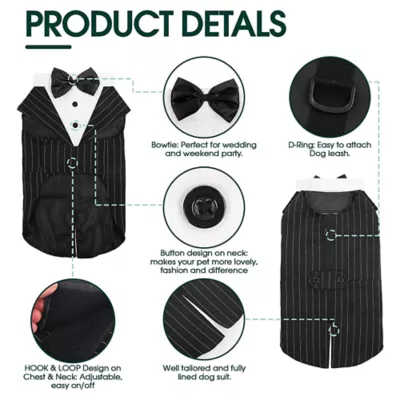 Kuoser Pinstripe Dog Tuxedo Suit & Bandanas Set, Formal Dog Clothing for Weddings & Parties - Image 4