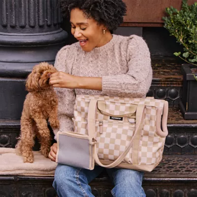 Cleverpup Lightweight Transit Tote Dog Carrier W/ Food-Safe Pouch & Poop Bag Dispenser, Checkered - Image 2