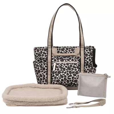 Cleverpup Lightweight Transit Tote Dog Carrier W/ Food-Safe Pouch & Poop Bag Dispenser, Leopard - Image 1