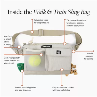 Cleverpup Dog Walk & Train Sling Bag W/ Poop Bag Dispenser, Treat Pocket, and Hidden Squeaker - Image 4