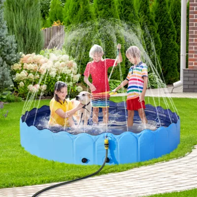 Yaheetech Foldable Pet Pool with Sprinkler - Blue, XXXL, 71-in - Image 2