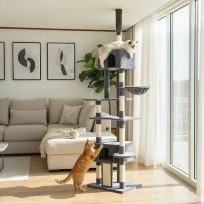 PawHut 91"-98" Floor to Ceiling Cat Tree with 2 Condos, Hammock and Sisal Scratching Posts - Image 2