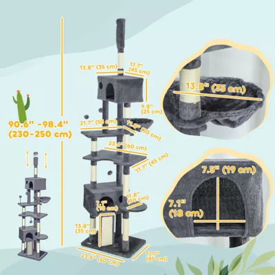 PawHut 91"-98" Floor to Ceiling Cat Tree with 2 Condos, Hammock and Sisal Scratching Posts - Image 3