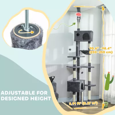 PawHut 91"-98" Floor to Ceiling Cat Tree with 2 Condos, Hammock and Sisal Scratching Posts - Image 4