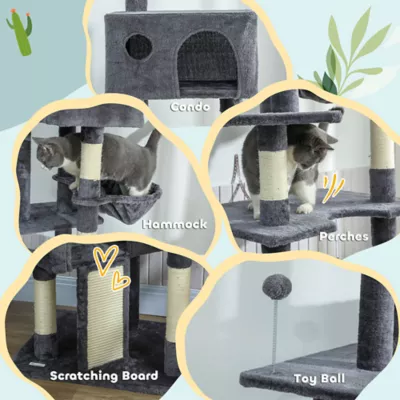 PawHut 91"-98" Floor to Ceiling Cat Tree with 2 Condos, Hammock and Sisal Scratching Posts - Image 5