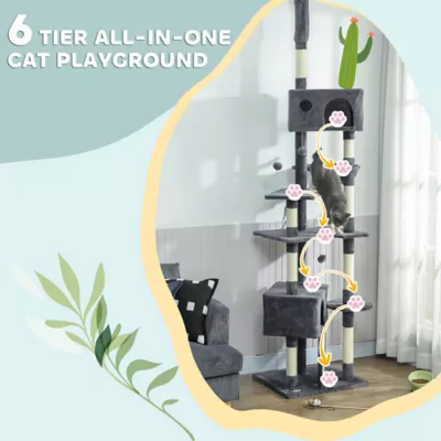 PawHut 91"-98" Floor to Ceiling Cat Tree with 2 Condos, Hammock and Sisal Scratching Posts - Image 6