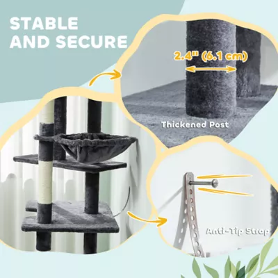 PawHut 91"-98" Floor to Ceiling Cat Tree with 2 Condos, Hammock and Sisal Scratching Posts - Image 7