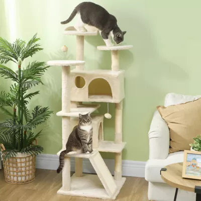 PawHut 54" Cat Tree, Multi-Level Cat Tower with Scratching Posts, Cat Condos, Bed, Platforms - Image 2