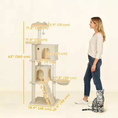 PawHut 63 Inch Cat Tree with Sisal Scratching Posts, Condos, Plush Perches, Hammock - Image 3