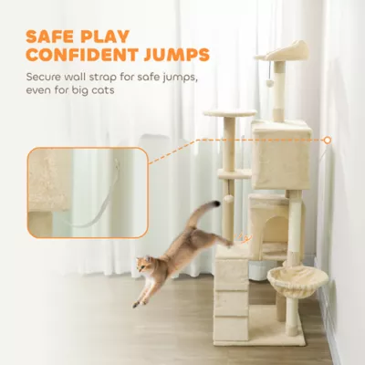 PawHut 63 Inch Cat Tree with Sisal Scratching Posts, Condos, Plush Perches, Hammock - Image 6