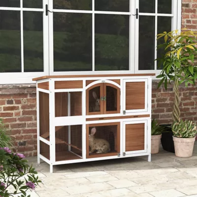 PawHut Two-Tier Wooden Rabbit Hutch with Openable Roof - Image 2