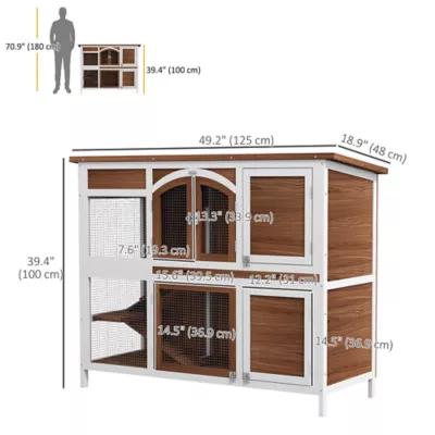 PawHut Two-Tier Wooden Rabbit Hutch with Openable Roof - Image 3