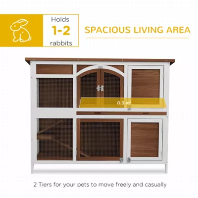 PawHut Two-Tier Wooden Rabbit Hutch with Openable Roof - Image 4