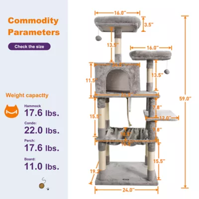 GOOPAWS Cat Tree Tower with Hammock, Faux Fur Cat Furniture, 63 Inch - Image 6