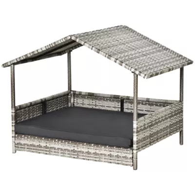 PawHut Rattan Bed with Canopy with Water-Resistant Cushion, For SM and MED Dogs - Image 1
