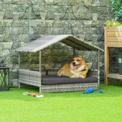 PawHut Rattan Bed with Canopy with Water-Resistant Cushion, For SM and MED Dogs - Image 2