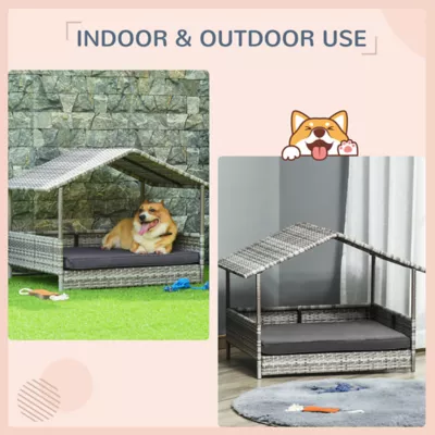 PawHut Rattan Bed with Canopy with Water-Resistant Cushion, For SM and MED Dogs - Image 3
