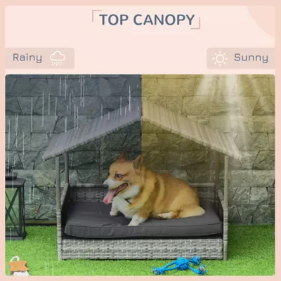 PawHut Rattan Bed with Canopy with Water-Resistant Cushion, For SM and MED Dogs - Image 5