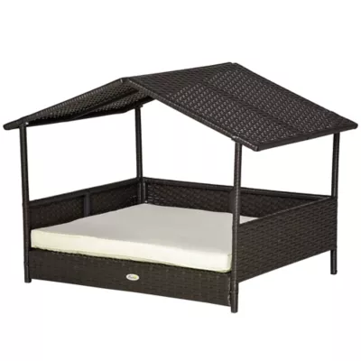 PawHut Rattan Bed with Canopy with Water-Resistant Cushion, For SM and MED Dogs - Image 1