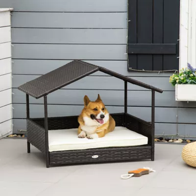 PawHut Rattan Bed with Canopy with Water-Resistant Cushion, For SM and MED Dogs - Image 2