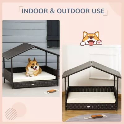 PawHut Rattan Bed with Canopy with Water-Resistant Cushion, For SM and MED Dogs - Image 3