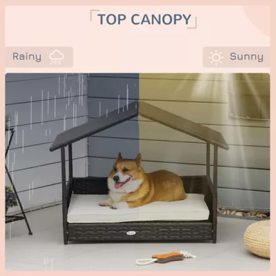 PawHut Rattan Bed with Canopy with Water-Resistant Cushion, For SM and MED Dogs - Image 5