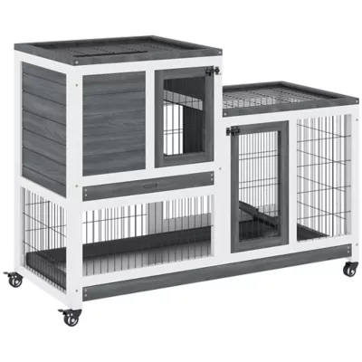 PawHut Wooden Rabbit Hutch, Indoor Bunny Cage with Wheels & Pull Out Trays - Image 1