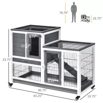 PawHut Wooden Rabbit Hutch, Indoor Bunny Cage with Wheels & Pull Out Trays - Image 3