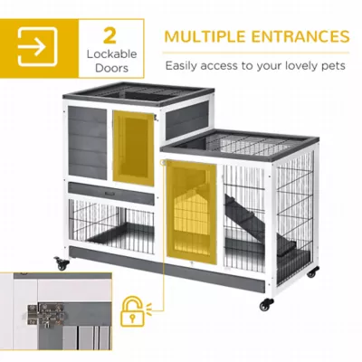 PawHut Wooden Rabbit Hutch, Indoor Bunny Cage with Wheels & Pull Out Trays - Image 5