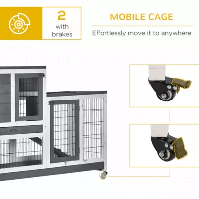PawHut Wooden Rabbit Hutch, Indoor Bunny Cage with Wheels & Pull Out Trays - Image 7