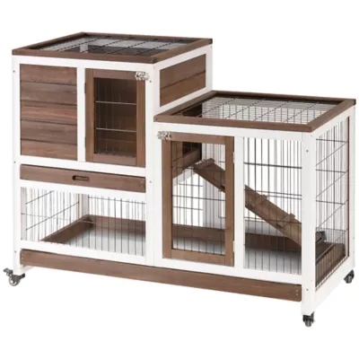 PawHut Wooden Rabbit Hutch, Indoor Bunny Cage with Wheels & Pull Out Trays - Image 1