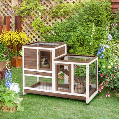 PawHut Wooden Rabbit Hutch, Indoor Bunny Cage with Wheels & Pull Out Trays - Image 2