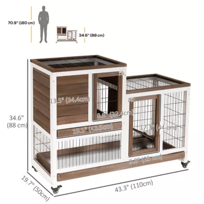 PawHut Wooden Rabbit Hutch, Indoor Bunny Cage with Wheels & Pull Out Trays - Image 3