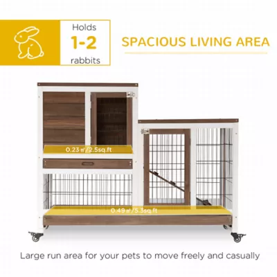 PawHut Wooden Rabbit Hutch, Indoor Bunny Cage with Wheels & Pull Out Trays - Image 4