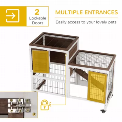 PawHut Wooden Rabbit Hutch, Indoor Bunny Cage with Wheels & Pull Out Trays - Image 5